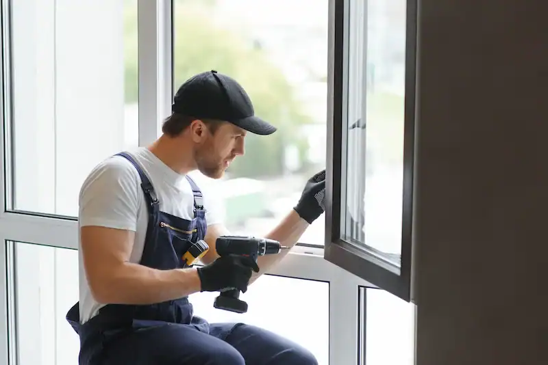 Worker installing window with drill.