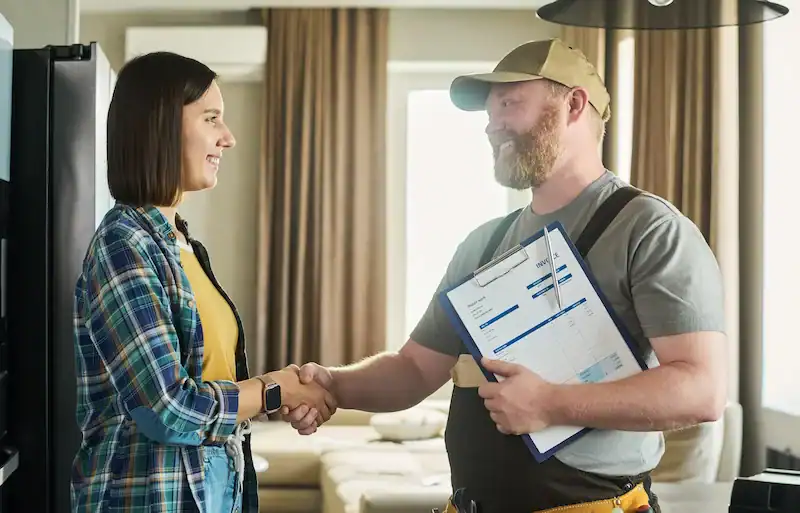 Woman shaking hands with contractor holding clipboard.
